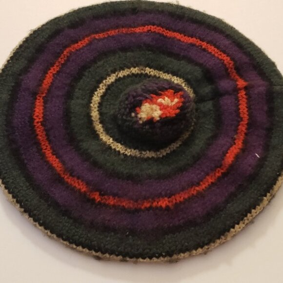 Vintage wool knit beret style cap in colorful stripe pattern, made in Canada main image 7